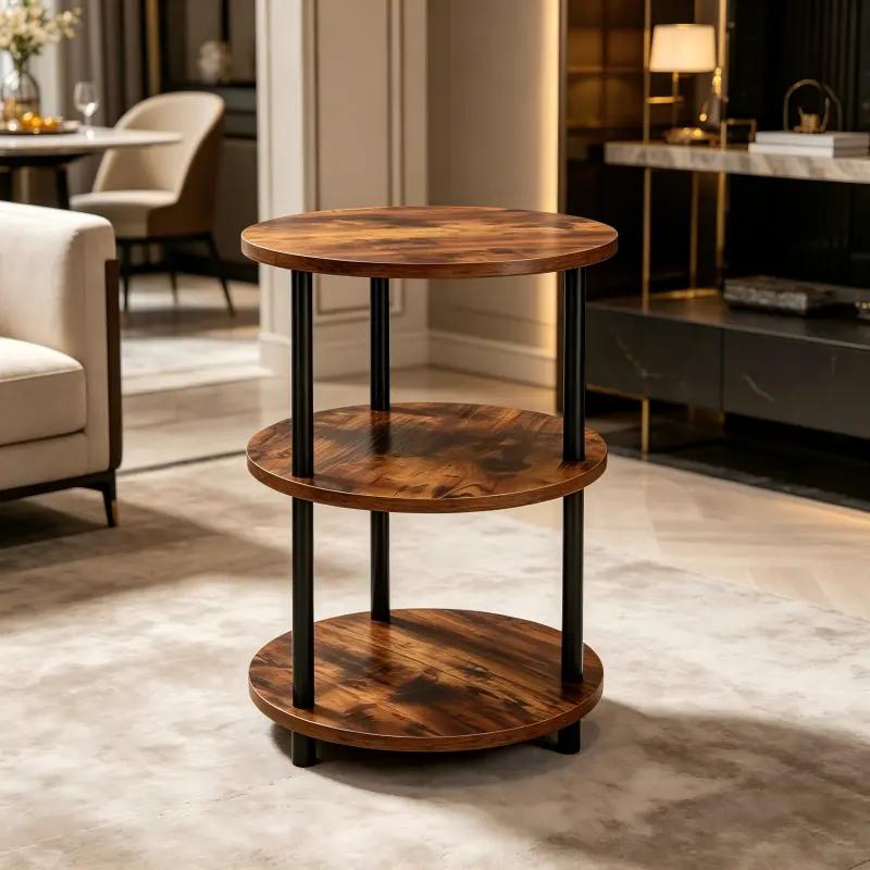 3-tier round industrial side table featuring a retro wood-grain frame and matte black metal legs; multi-layer storage decorative side table for living room sofa corners; compact round bedside table with a stable, sturdy frame that is easy to assemble.