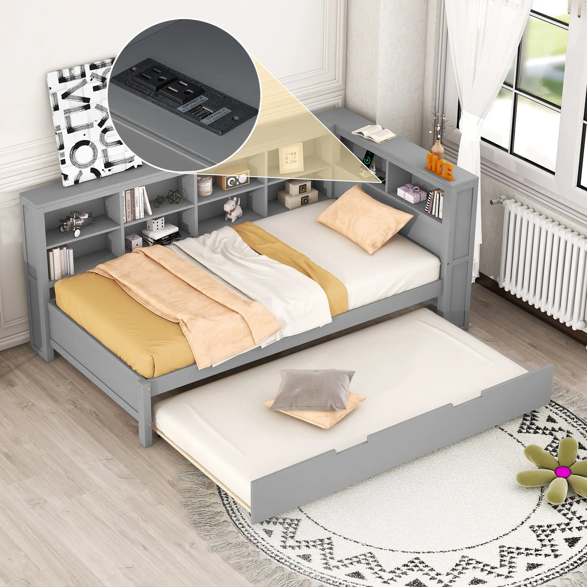Wooden Twin Size DayBed with Twin Trundle, DayBed with Storage Shelf and USB Charging Ports, Twin Corner Bed Frame with Bookcase Storage,Gray