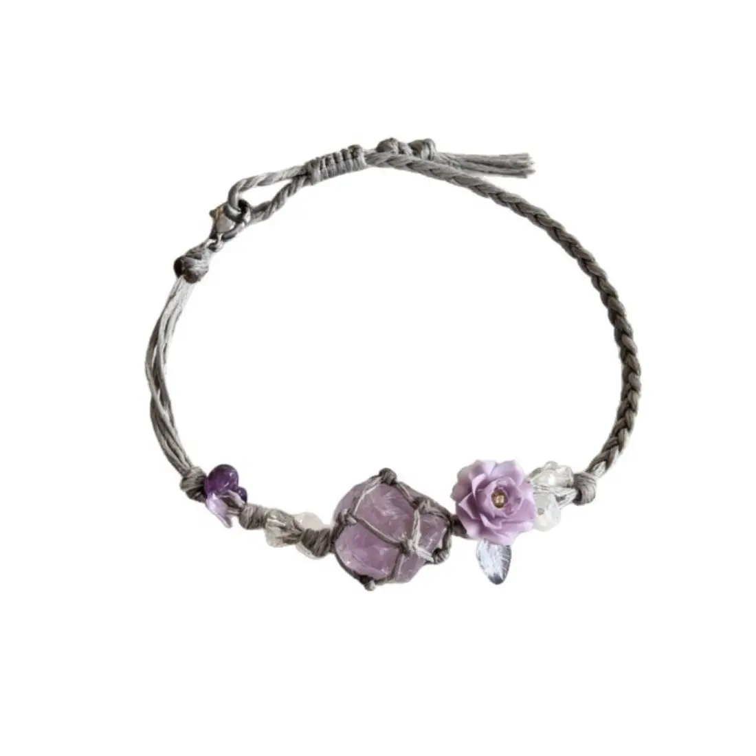 Women's Handmade Boho Raw Amethyst Bracelet - Adjustable Design, Unique Shape of Each Stone, Lightweight Earthy Vibe Jewelry with Purple Rose Flower Charm for Birthday & Festival Gifting, Daily Wear