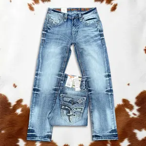 Y2K Men's Rock Revival Straight-Leg Vintage Faded Blue Jeans with Embroidered Back Pockets – Rock Revival For Men, Vintage Denim, Western Outfits, Y2K Jeans, Streetwear Jeans, Classic Fit