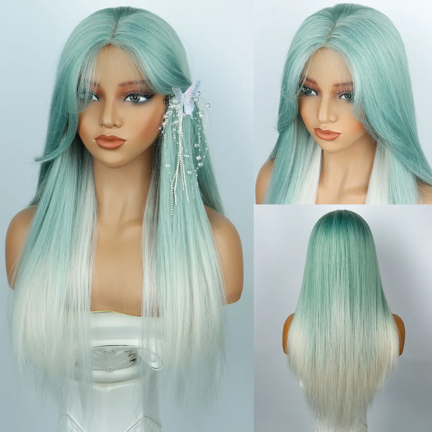 Mint Green to White Gradient Wig 30-Inch Long Straight Hair  display picture 1