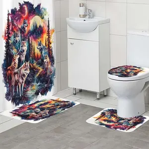 1/4 piece set of dark forest wolf pack pattern shower curtain, The 4-piece set includes a single shower curtain, anti slip floor mat, toilet U-shaped mat, toilet lid mat, with shower curtain hook, and belongs to bathroom decoration products