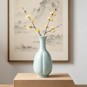 Light Celadon Ceramic Vase, 22cm Tall Minimalist Zen Flower Vase, Glazed Porcelain Tabletop Decor Vase, Modern Chinese Style Bud Vase for Living Room, Bedroom, Tea Room, Aesthetic Home Decor, Perfect for Dried Flowers, Plum Blossom, Hydrangea, Bamboo, Ide