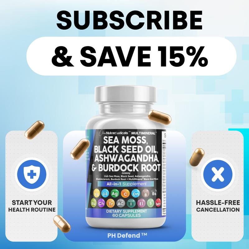 Clean Nutraceuticals Sea Moss, Black Seed Oil, Ashwagandha, Turmeric, Bladderwrack, Burdock, Vitamin C, Vitamin D3 with Elderberry Manuka Supplement Capsules – MultiMineral