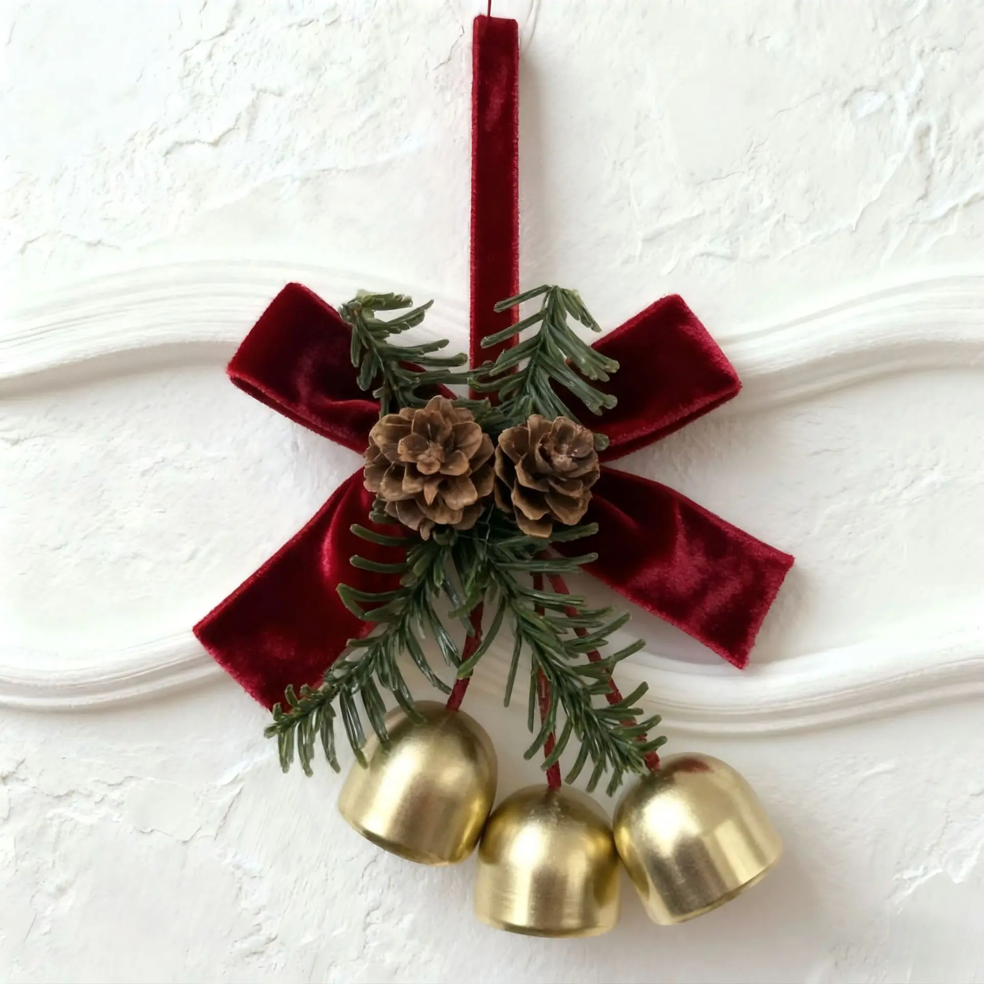 Christmas Bell Ornament Velvet Bow Pine Cone Artificial Pine Needle Hanging Pendant Vintage Golden Metal Bell Festive Decor Lightweight Handmade Xmas Tree Hanger Front Door Wall Window Home Party Holiday Decorations Gift