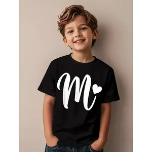 Minimalist Heart Design Featuring a White Letter M Monogram, Perfect for Trendy Kids' T-Shirts That Are Both Cool And Stylish (3-13Y)