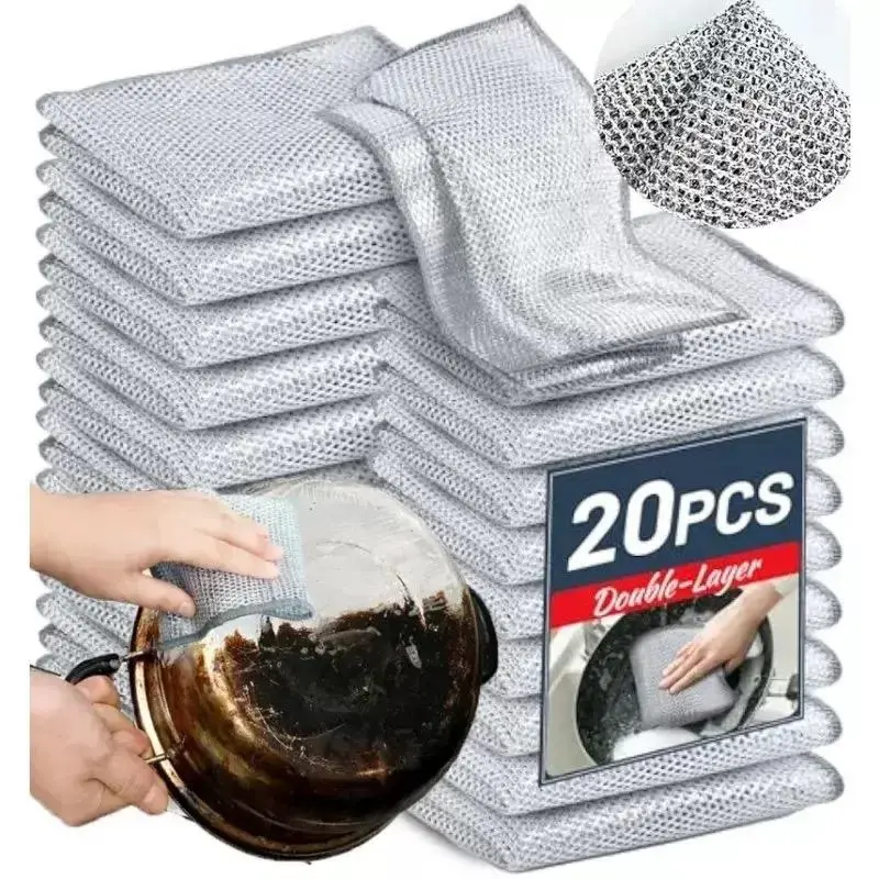 Double Layer Dishwashing Cloth, 20pcs/set Stainless Steel Dishwashing Cloth, Reusable Dishcloth, Kitchen Cleaning Tool for Pot Pan Sink, Durable Cleaning Supplies, Cleaning Cloths