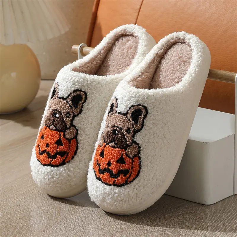 Womens Fuzzy Slippers Cozy Plush Halloween House Shoes Cute Ghost Pumpkin Skeleton Slides Non-slip Soft Foam Bottom Indoor Outdoor