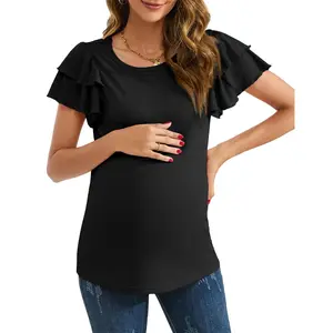 YESFASHION Maternity Tops: Stylish Flying Short Sleeve T-Shirts for Women, Available in Black, Apricot, and Pink. Sizes Range from S to 2XL for Comfortable Casual Pregnancy Wear.