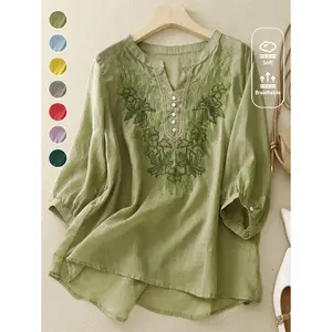 Women's Vintage Lightweight Loose Viscose V-Neck Embroidered Blouse,/