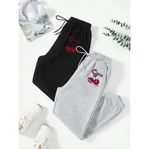 Women's Letter & Cherry Print Drawstring Waist Sweatpants, Casual Comfy Jogger Pants for Daily Wear, Ladies Bottoms for Fall & Winter