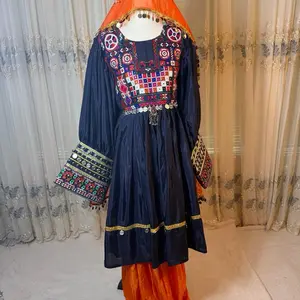 Afghan Special Dress - High-Quality Embroidered Navy Blue and Orange Dress with Unique Design گند افغانی مقبول، خوشرنگ با کیفیت عالی