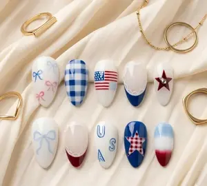 Americana Vintage Press On Nails, USA Flag Coquette Bow Ribbon Design, Patriotic Red White Blue False Pieces, handmade