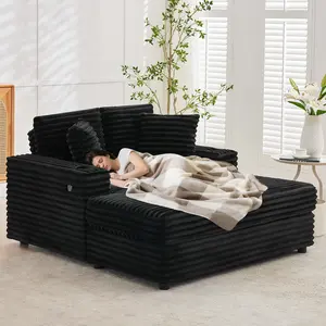 Oversized Chaise Lounge Chair – Indoor Corduroy Sofa with Charging Station, Cup Holders, Throw Pillows, Cozy Sleeper for Living Rooms & Apartments
