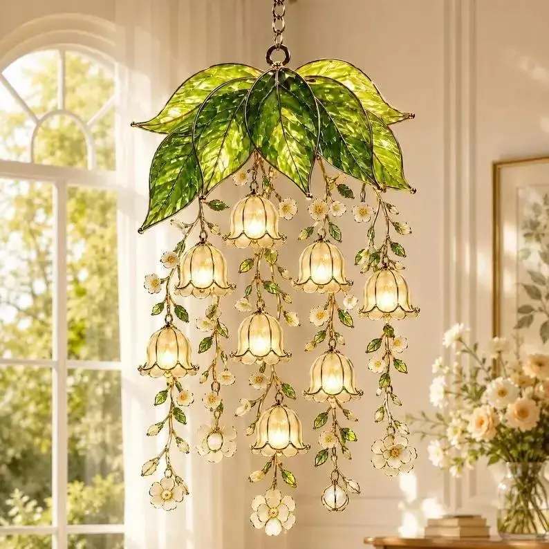 Cottagecore Stained Glass Flower Chandelier Vintage Art Nouveau Lily of the Valley Hanging Pendant Ceiling Light Fairycore Botanical Glass Lamp Home Decor Gift