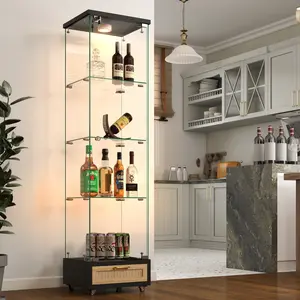 Eyisean 65" Modern Glass Display Cabinet with LED lights, Antique Curio Cabinet with Large Drawer, Tempered Glass Bookshelf, 1-Door Storage Case with 4 Shelves for Living Room, Bedroom, Quick-Assembly