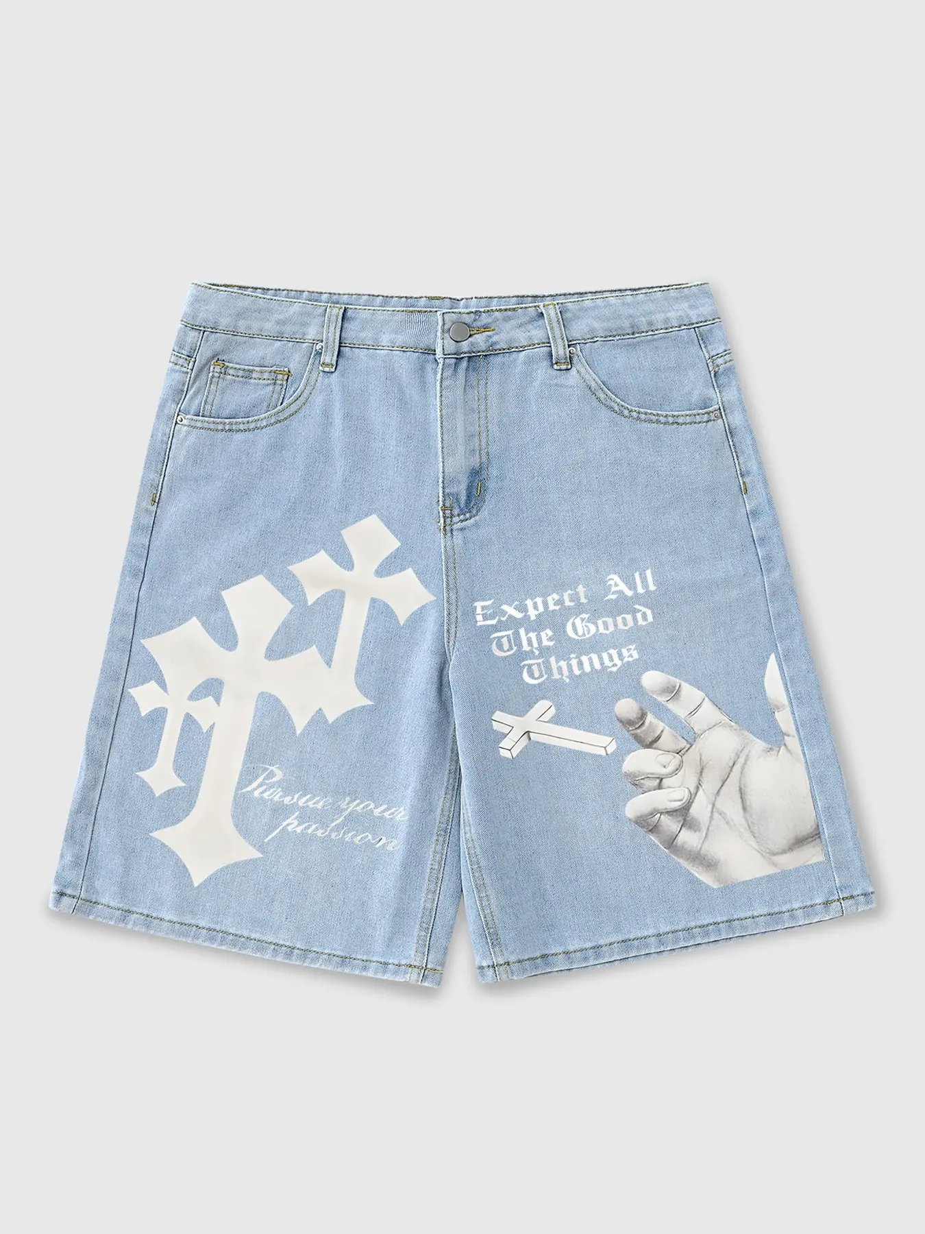 Men's Denim Shorts with Cross Print, Classic Summer Street Fashion Streetwear Casual Jeans, Trendy Daily Wear, Loose Fit Button Fly Jorts, Menswear
