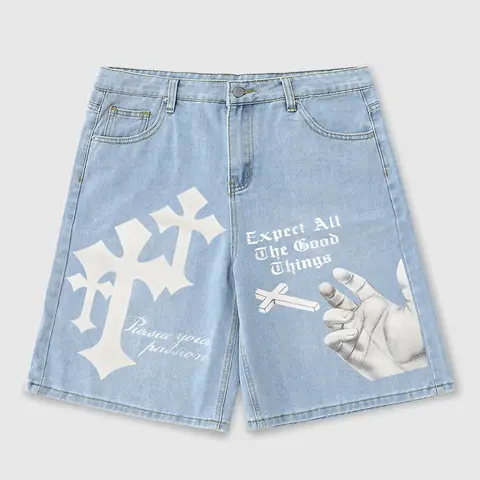 Men's Denim Shorts with Cross Print, Classic Summer Street Style Street Fashion Streetwear Casual Jeans, Trendy Daily Wear, Loose Fit, Menswear