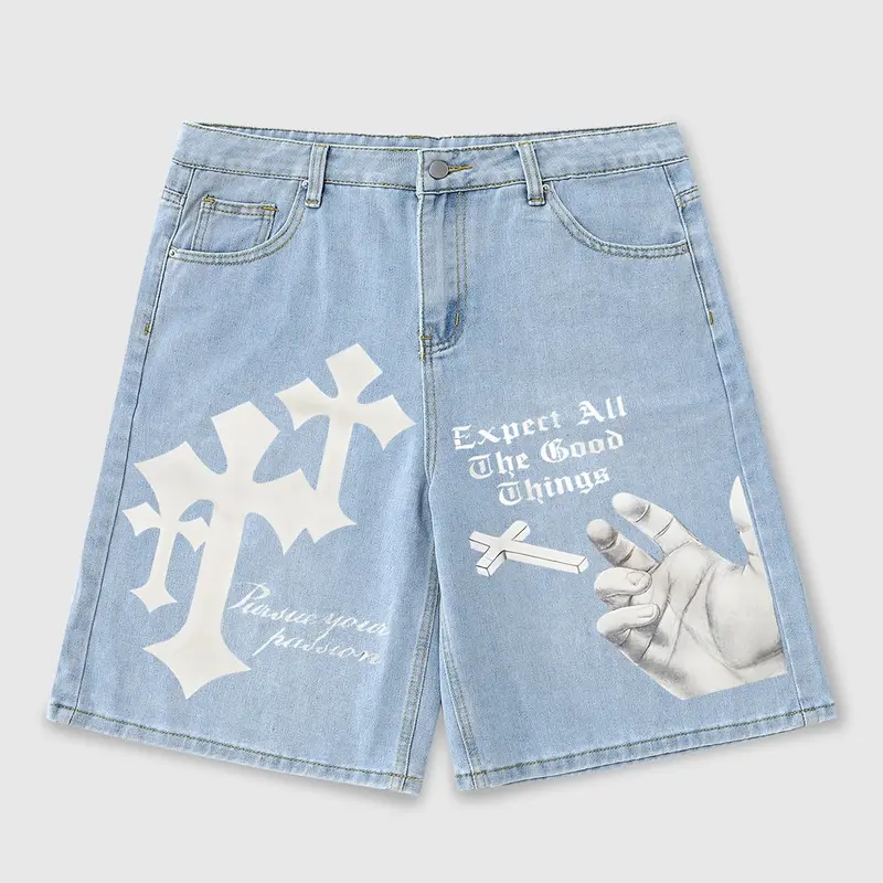 Men's Denim Shorts with Cross Print, Classic Summer Street Style Street Fashion Streetwear Casual Jeans, Trendy Daily Wear, Loose Fit, Menswear