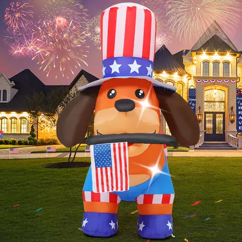 4th of July Inflatables 4FT Dog with American Flag Independence Day Blow Up Inflatable Yard Decorations with Built-in LEDs for Holiday Party Indoor Outdoor Yard Garden Lawn