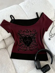 Women's Vintage Gothic Punk Style Graphic Print Short Sleeve Two-Piece Fitted T-Shirt Top, Soft Knitting Streetwear Shirt with Guitar Design, All-Season Everyday Casual, Washable