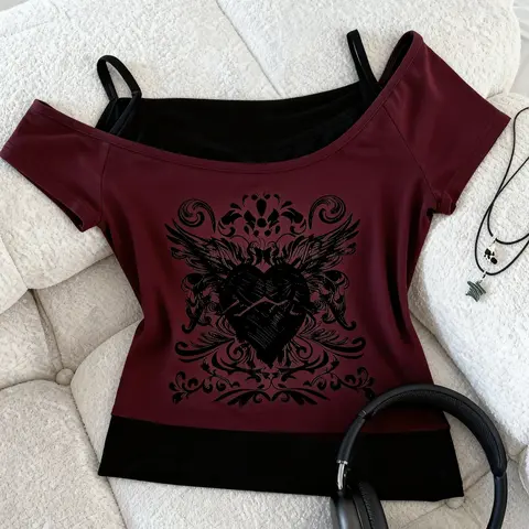 Women's Vintage Gothic Punk Style Burgundy Graphic Print Knitting Short Sleeve Two-Piece Fitted T-Shirt Top, Soft Streetwear Shirt with Guitar Design, All-Season Everyday Casual, Washable, Graphic Shirts, Womenswear