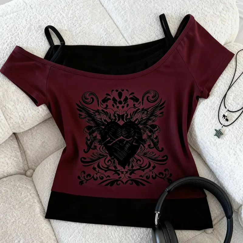 Women's Vintage Gothic Punk Style Burgundy Graphic Print Knitting Short Sleeve Two-Piece Fitted T-Shirt Top, Soft Streetwear Shirt with Guitar Design, All-Season Everyday Casual, Washable, Graphic Shirts, Womenswear