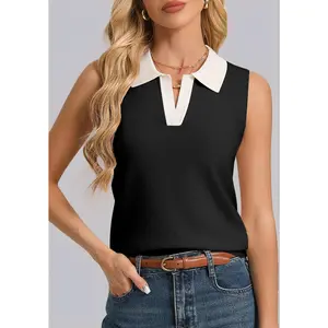 Women Summer Wool Blend Knit Tank Top, Sleeveless Polo Sweater Vest Lightweight, Business Casual Work Tops