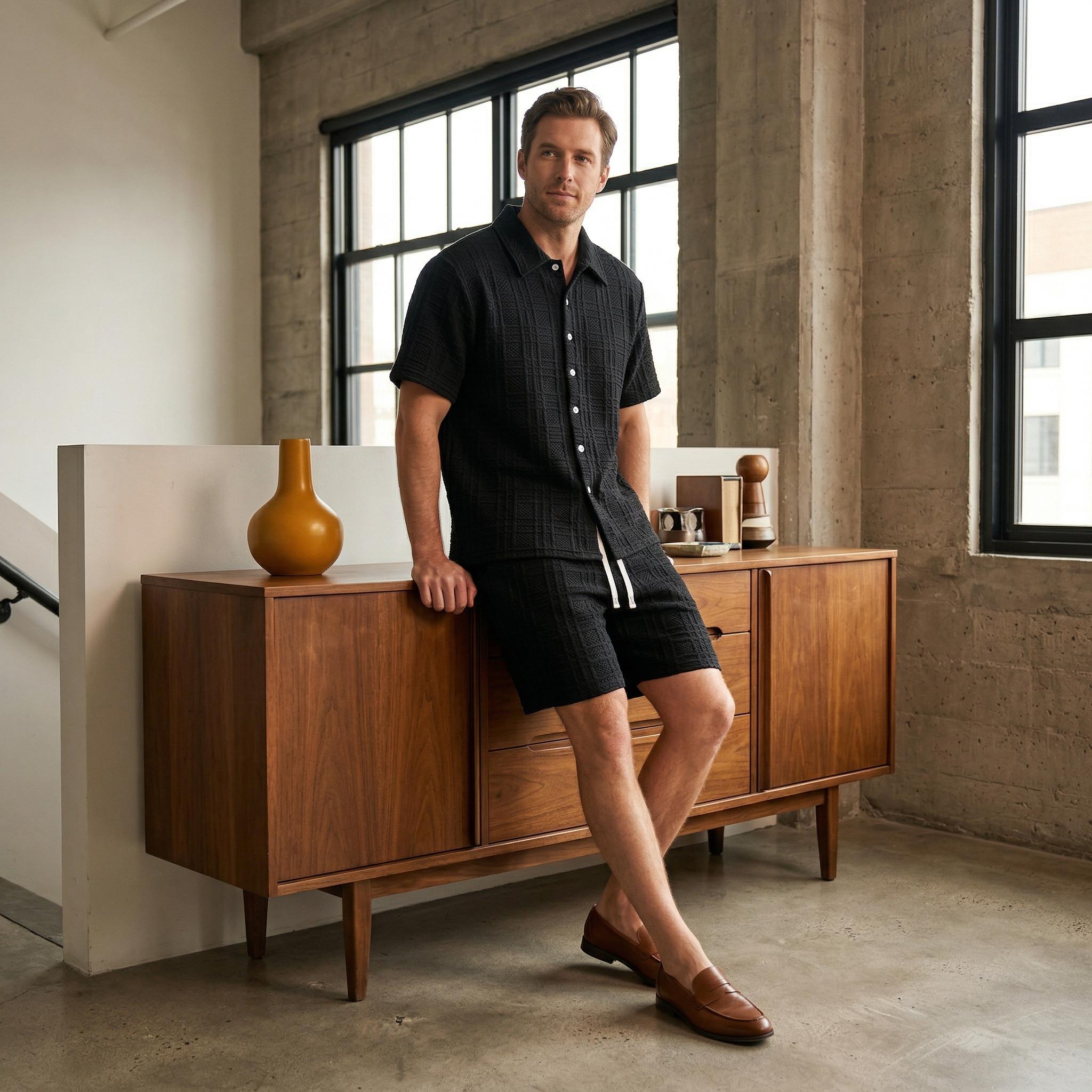 Men's 2 Piece Outfit, Textured Knit Button Down Shirt & Shorts Set for Summer