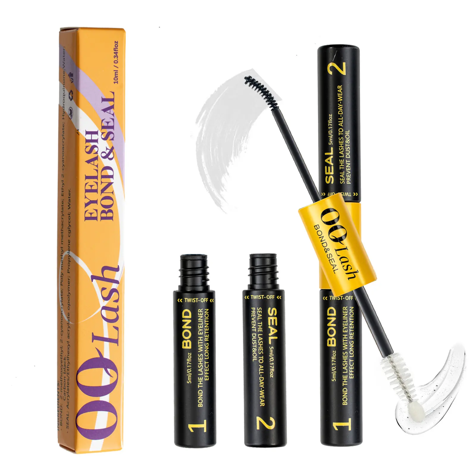 OQLash Bond&Seal White Lash Glue for Eyelash Extensions, Latex-Free Gentle Non-Irritating Formula, Waterproof, Sweat-Proof, 72-Hour Super-Strong Bonding, 2-in-1 Cluster Makeup Cosmetic, Beauty Makeup Products