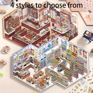 4 Sheets Ultra Large 3D Stereo Scene Stickers, Stress Relief Miniature Scenery Decals, DIY Craft Puzzle, Diary Accessories, Creative Stationery Stickers, Decorative Stickers