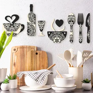 A 2D wooden wall decoration set, Wall hanging ornament, including fork, cup, wine glass shapes, is suitable for kitchens, cafes, restaurants, bars. It can be used as wall decoration, background, home decoration signs, and housewarming
