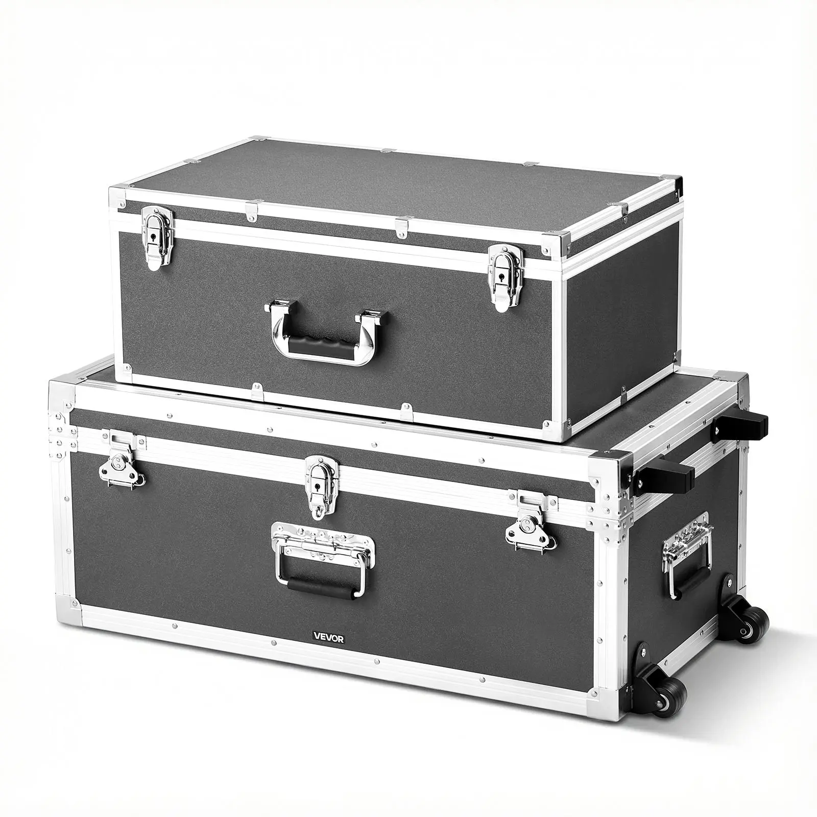 【Summerfinds】2-Pack Wooden Lockable Organizer Storage Boxes - Metal Frame Trunks with Key Lock, Latch, Padlocks, Casters, 3 Metal Handles, Lids, 600 lbs Capacity, 2 Sizes, Decorative Chests for Apartment, Dorm (Gray), Cushioned Support