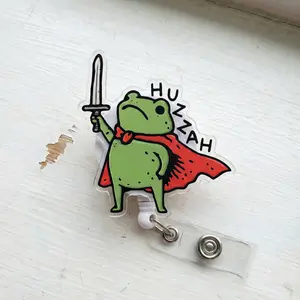 Huzzah Frog Badge Reel, Funny Frog Knight ID Holder, Medieval Sword Frog Retractable Badge Reel, Cute Nurse Gift