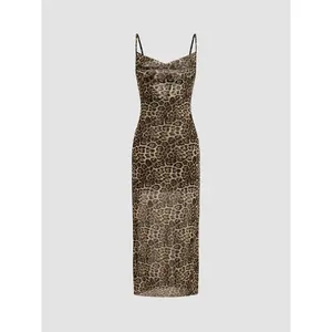 Cider [size 2-26] Mesh Cowl Neck Leopard Maxi Dress