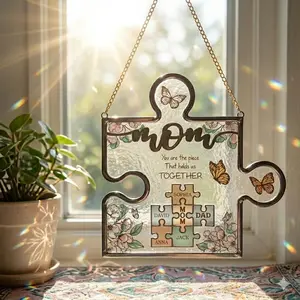 Personalized Mom Puzzle Suncatcher with Custom Names – “You Are The Piece That Holds Us Together” Family Gift, Floral Butterfly Stained Glass Window Hanging Decor