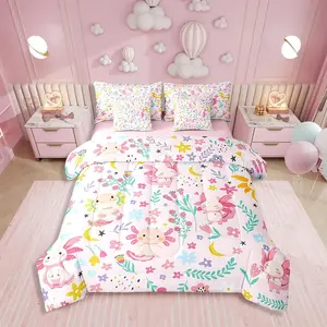 Feelyou 7-Piece Ultra-Soft Cartoon Axolotl Floral Quilt Set for Girls, Multi-Size Ocean Animal Comforter with Flower Botanical Design, Sealife Bed Sheets