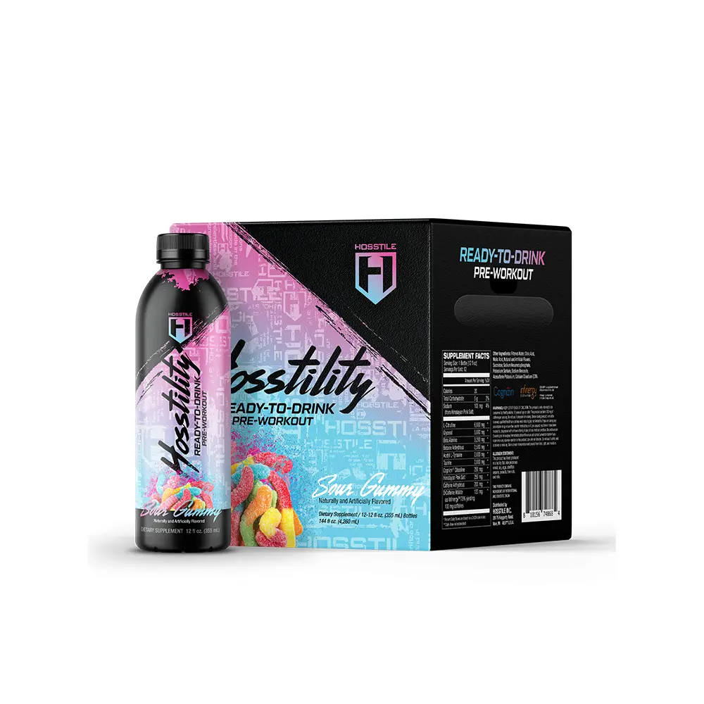 HOSSTILE Hosstility RTD Pre-Workout – Ready-to-Drink Pre Workout Sports Drink for Energy, Focus, Pump & Hydration, All-in-One Formula with L-Citrulline, Glycerol, and Caffeine for Performance, 12 Pack