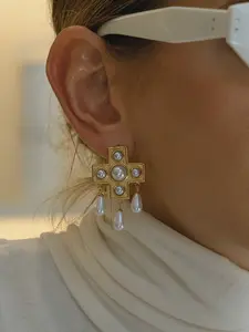A Pair Of Stainless Steel 18k Gold Plated Waterproof And Anti Allergy Victorian Style Elegant Banquet Earrings Jewelry For Ladies With Cross Pearl Tassels