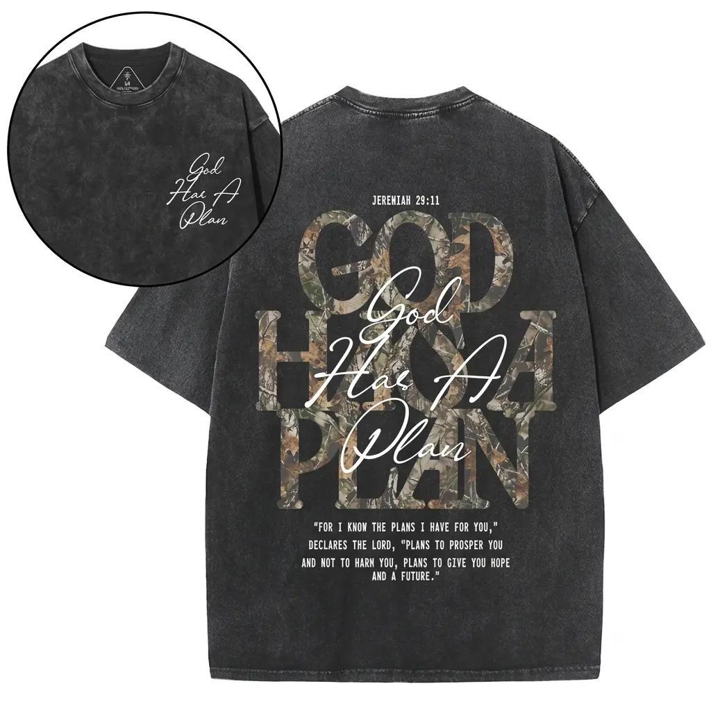 God Has A Plan Christian Washed T-Shirt – Vintage Washed Inspirational Faith Graphic Tee for Men & Women