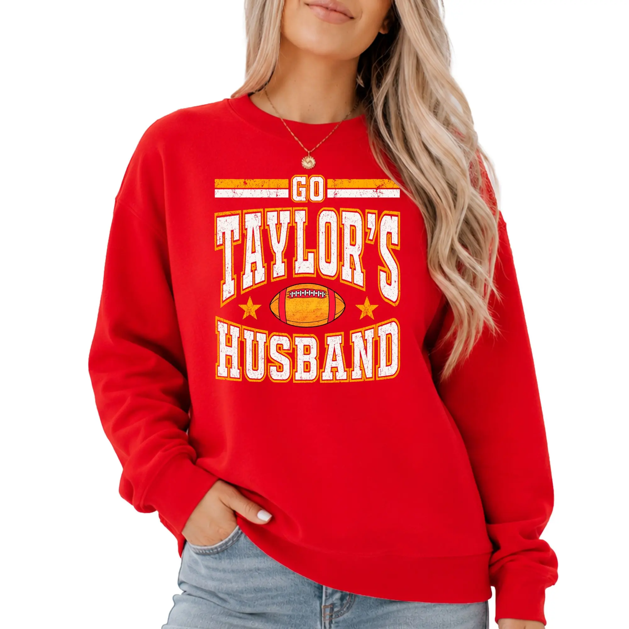 Go Taylor's Husband Football Fan Sweatshirt for Women | Vintage Sports Graphic Crewneck Pullover | Game Day Football Season Sweatshirt Gift