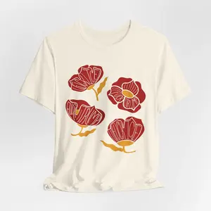 Slightly Subtle Red Poppy Floral Illustration Tee, Botanical Flower Shirt, Full Sizes, Full Colors