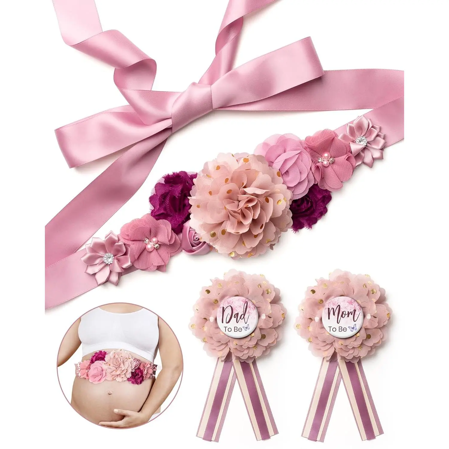 3-Piece Maternity Sash & Mom-Daddy-to-Be Corsage Pin Set - Comfortable Flower Motif Synthetic Hand-Stitched Accessories, 70in Dress Band, Baby Shower Gifts & Photo Props, 70 Inches, Floral