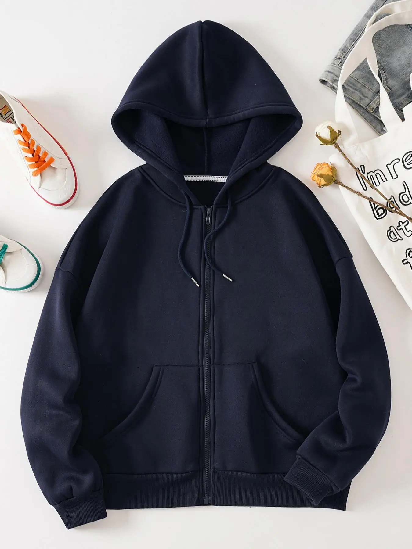 Women's Solid Zip Up Hoodie, Casual Comfort Drawstring Hooded Sweatshirt, Outerwear for Fall & Winter, Country Outfits, Women's Jacket, Downtown Girl