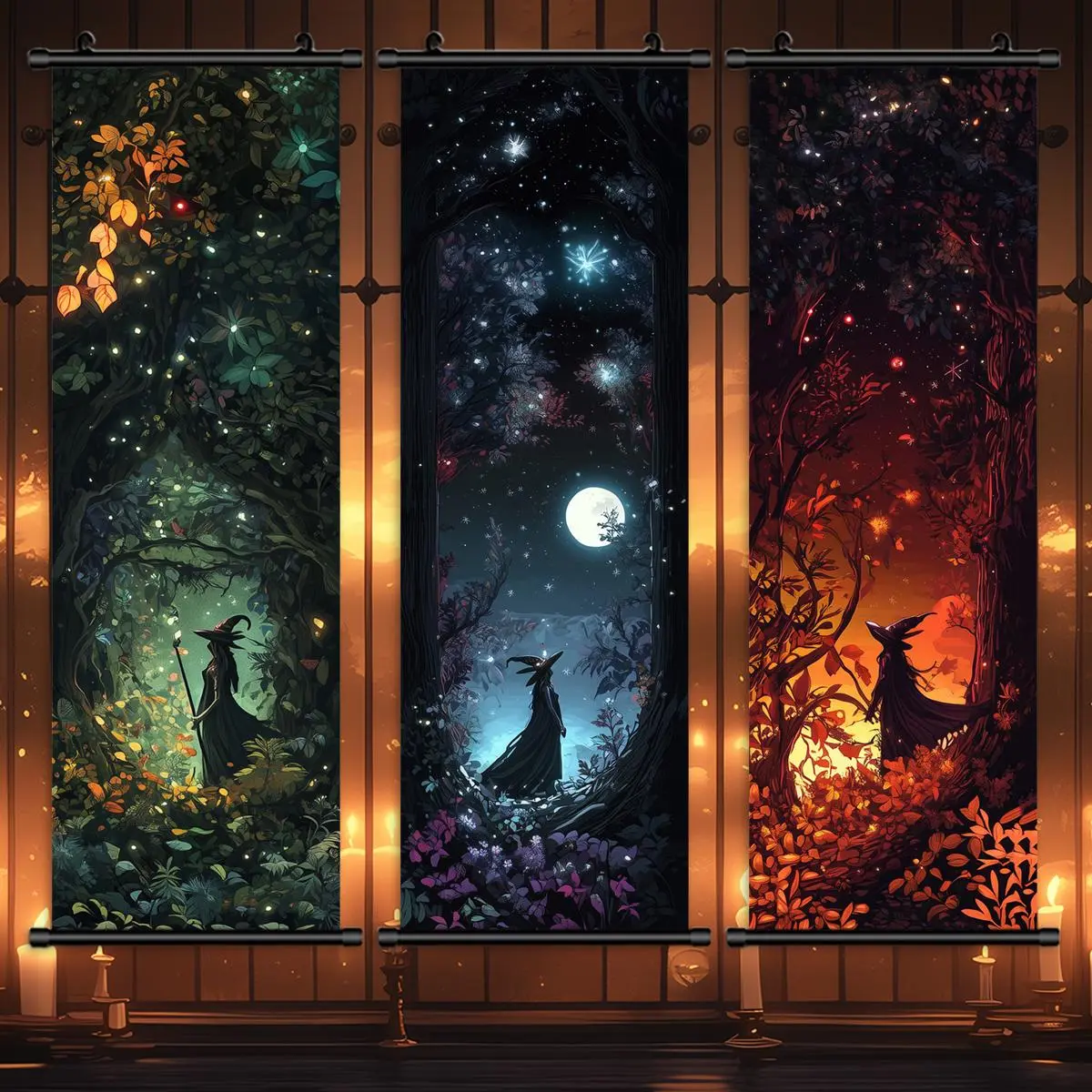 Halloween Hanging Banner, 3 Counts/set Forest Moon Witch Pattern Wall Art Poster, Wall Decor for Home Living Room Bedroom Yard