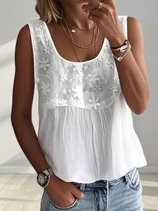 Women's Summer Semi-Transparent Floral Embroidered Tank Top, Casual Home Wear, Perfect for Vacation, Comfortable and Stylish