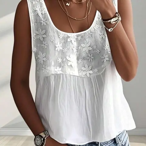 Women's Semi-Transparent Floral Embroidered Tank Top, Sleeveless Tank Tops, Casual Home Wear, Perfect for Vacation, Comfortable and Stylish, Casual Comfy, Womenswear