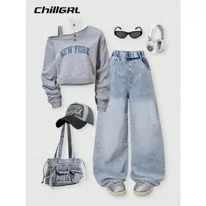 2pcs/Set Tween Girls Loose Casual Strap Shoulder Print Sweatshirt And Light Blue Denim Pants Sets, Suitable For Daily Commute, Casual Streetstyle, Gatherings, Spring/Summer New York Outfit Jean Outfit Set Y2k Outfit Fall Winter