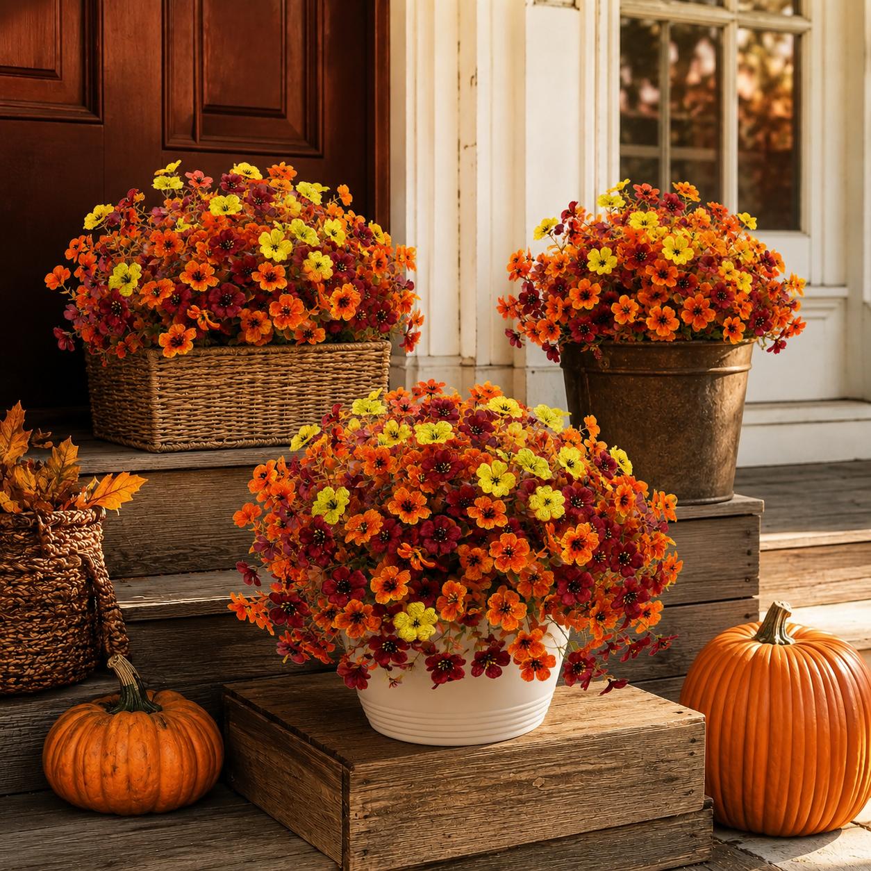12 PCS UV-Resistant Fade-Proof Artificial Fall Daisy Silk Flowers with Realistic Green Leaves & Real-Leaf Detail, Home Decor Ornaments for Front Porch, Autumn Thanksgiving (Home Supplies, Outdoor Use)