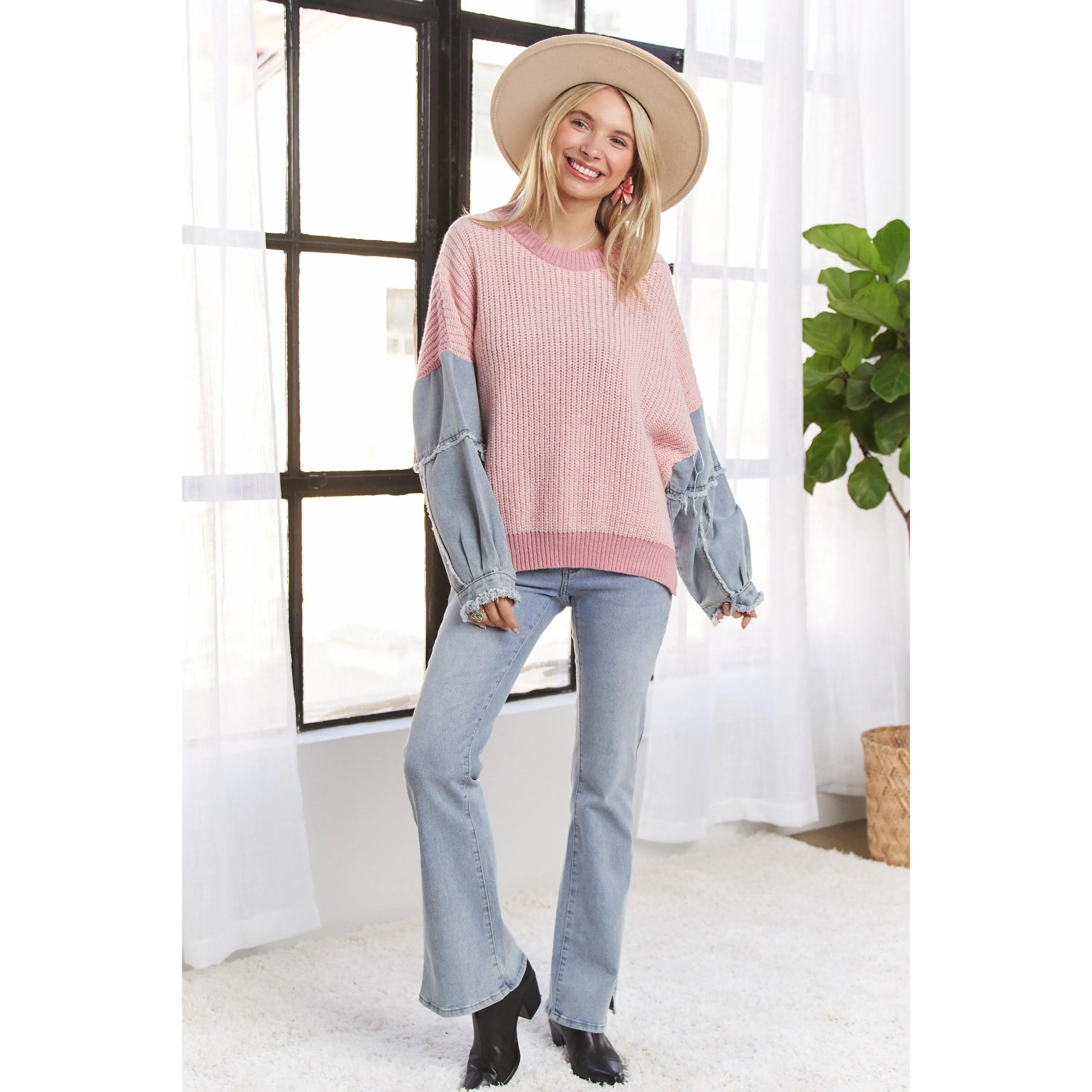 Blush & Denim Dream Sweater - Color block Sweater With Freyed Denim Sleeves